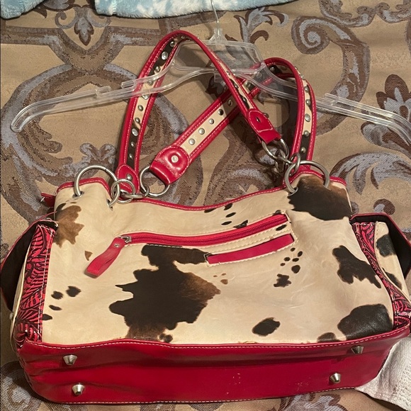 Studded Cross Design Red and Tan Women's Bag - Picture 3 of 9